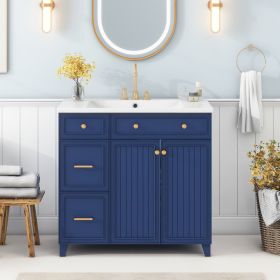 36-inch Bathroom Vanity, Transitional Style Bathroom Cabinet with Resin Sink, Navy Blue Single Bathroom Cabinet