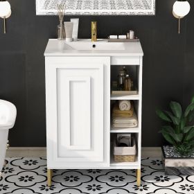 24inch White Bathroom Vanity Sink Combo for Small Space, Modern Design with Ceramic Basin, Gold Legs and Semi-open Storage(Faucet Not Included)