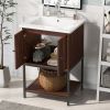 [Viedo]24" inch Walnut Finish Bathroom Vanity Cabinet with 2 Soft-Close Doors, Open Storage