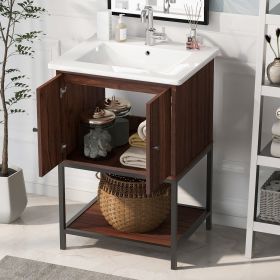 [Viedo]24" inch Walnut Finish Bathroom Vanity Cabinet with 2 Soft-Close Doors, Open Storage