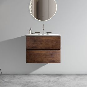 Wall Mount 24" Walnut Bathroom Vanity with Ceramic Sink with three faucet holes, Large Storage Floating Bathroom Vanity for Modern Bathroom