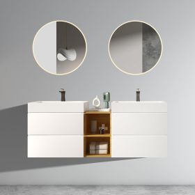 U062-Alice60W-201 Alice 60" White Bathroom Vanity with Double Sinks and Open Shelf, Modern Wall Mounted Floating Bathroom Vanity