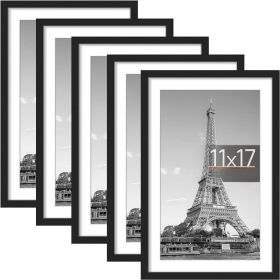 11x17 Picture Frame Set of 5, Display Pictures 9x15 with Mat or 11x17 Without Mat, Wall Gallery Photo Frames, Black