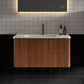 Striped Walnut Bathroom Vanity with White Ceramic Sink, Wall Mounted Floating Bathroom Vanity for Modern Bathroom