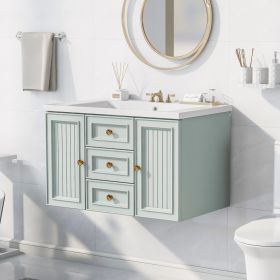 30" Wall Mounted Bathroom Vanity with Sink Combo, Functional Drawer, Solid Wood & MDF Board & Ceramic