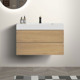 U042-Alice36-106 Alice 36" Oak Bathroom Vanity with Black Sink, Large Storage Wall Mounted Floating Bathroom Vanity for Modern Bathroom