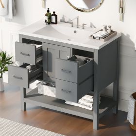 36" Gray Modern Bathroom Vanity with USB,Two Shallow Drawers, One Deep Drawer,One door,Single Resin Sink,Small Bathroom Organization Cabinet