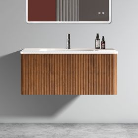 U048-Etna36W-305 Etna 36" Striped Walnut Bathroom Vanity with White Ceramic Sink, Wall Mounted Floating Bathroom Vanity for Modern Bathroom