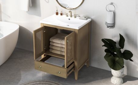 24" Bathroom Vanity with Ceramic Basin, Rattan Bathroom Storage Cabinet with Two Doors and Drawer, Solid Frame, Natural (OLD SKU: JL000008AAD)