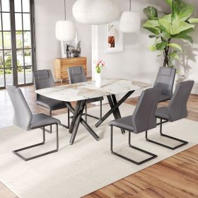 1 table and 6 chairs set.A rectangular dining table with a 0.39-inch imitation marble tabletop and black metal legs.Paired with 6 chairs with PU leath