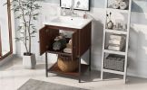 [Viedo]24" inch Walnut Finish Bathroom Vanity Cabinet with 2 Soft-Close Doors, Open Storage