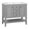 36" Bathroom Vanity with Ceramic Basin, Two Cabinets and Drawers, Open Shelf, Solid Wood Frame, Grey (OLD SKU: SY999101AAE)