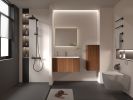 Striped Walnut Bathroom Vanity with White Ceramic Sink, Wall Mounted Floating Bathroom Vanity for Modern Bathroom