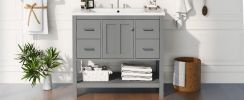 36" Gray Modern Bathroom Vanity with USB,Two Shallow Drawers, One Deep Drawer,One door,Single Resin Sink,Small Bathroom Organization Cabinet