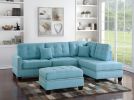 Modern Blue Color 3pcs Sectional Living Room Furniture Reversible Chaise Sofa And Ottoman Tufted Polyfiber Linen Like Fabric Cushion Couch Pillows