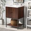 [Viedo]24" inch Walnut Finish Bathroom Vanity Cabinet with 2 Soft-Close Doors, Open Storage