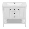 36" Bathroom Vanity with Ceramic Basin, Two Cabinets and Drawers, Open Shelf, Solid Wood Frame, White (OLD SKU: SY999101AAK)