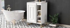 24inch White Bathroom Vanity Sink Combo for Small Space, Modern Design with Ceramic Basin, Gold Legs and Semi-open Storage(Faucet Not Included)