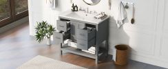 36" Gray Modern Bathroom Vanity with USB,Two Shallow Drawers, One Deep Drawer,One door,Single Resin Sink,Small Bathroom Organization Cabinet