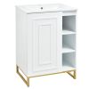 24inch White Bathroom Vanity Sink Combo for Small Space, Modern Design with Ceramic Basin, Gold Legs and Semi-open Storage(Faucet Not Included)