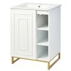 24inch White Bathroom Vanity Sink Combo for Small Space, Modern Design with Ceramic Basin, Gold Legs and Semi-open Storage(Faucet Not Included)