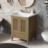 24" Bathroom Vanity with Ceramic Basin, Rattan Bathroom Storage Cabinet with Two Doors and Drawer, Solid Frame, Natural (OLD SKU: JL000008AAD)