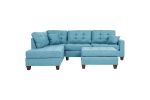 Modern Blue Color 3pcs Sectional Living Room Furniture Reversible Chaise Sofa And Ottoman Tufted Polyfiber Linen Like Fabric Cushion Couch Pillows