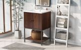 [Viedo]24" inch Walnut Finish Bathroom Vanity Cabinet with 2 Soft-Close Doors, Open Storage