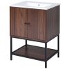 [Viedo]24" inch Walnut Finish Bathroom Vanity Cabinet with 2 Soft-Close Doors, Open Storage