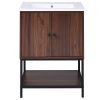 [Viedo]24" inch Walnut Finish Bathroom Vanity Cabinet with 2 Soft-Close Doors, Open Storage