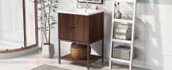 [Viedo]24" inch Walnut Finish Bathroom Vanity Cabinet with 2 Soft-Close Doors, Open Storage