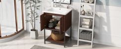 [Viedo]24" inch Walnut Finish Bathroom Vanity Cabinet with 2 Soft-Close Doors, Open Storage