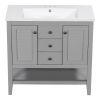 36" Bathroom Vanity with Ceramic Basin, Two Cabinets and Drawers, Open Shelf, Solid Wood Frame, Grey (OLD SKU: SY999101AAE)