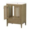 24" Bathroom Vanity with Ceramic Basin, Rattan Bathroom Storage Cabinet with Two Doors and Drawer, Solid Frame, Natural (OLD SKU: JL000008AAD)