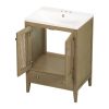 24" Bathroom Vanity with Ceramic Basin, Rattan Bathroom Storage Cabinet with Two Doors and Drawer, Solid Frame, Natural (OLD SKU: JL000008AAD)