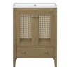 24" Bathroom Vanity with Ceramic Basin, Rattan Bathroom Storage Cabinet with Two Doors and Drawer, Solid Frame, Natural (OLD SKU: JL000008AAD)