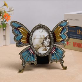 Butterfly Retro Metal Blue Photo Frame Oval Vintage Fashion Lightweight High Hardness Rhinestones Home Decor Ornament Embenllish (Color: Blue)