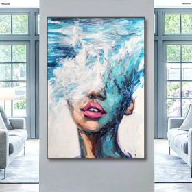 Hand Painted Oil Painting Abstract Portrait Wall Art Hand painted-Nordic Light Blue Girl Oil Paintings On Canvas-Hand Made-For Home Decoration (size: 100x150cm)