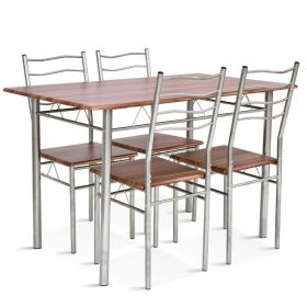 5 Pieces Wood Metal Dining Table Set with 4 Chairs (Color: Walnut)